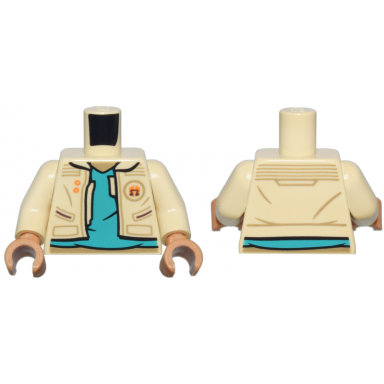 tan torso jacket open pockets orange buttons and badge over dark turquoise shirt medium nougat neck pattern tan arms medium nougat hands