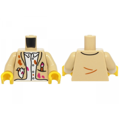 tan torso jacket open with paint brush and rag in pockets white shirt magenta and dark orange splotches pattern bam tan arms yellow hands