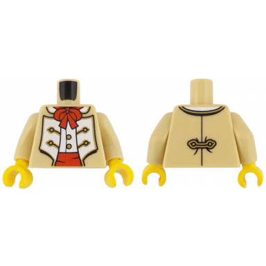tan torso coat open with white panels and gold trim over vest with buttons red bow and waistband pattern tan arms yellow hands