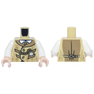 tan torso plaid vest with dark tan collar and pockets and gold watch and chain over white shirt with collar pattern white arms light nougat hands