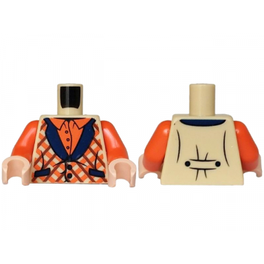 tan torso vest with dark blue collar and pockets over reddish orange shirt pattern reddish orange arms light nougat hands