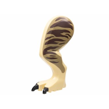 tan dinosaur leg large rear tyrannosaurus rex with pin black claws and dark brown stripes on dark tan pattern - left