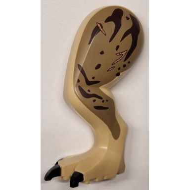 tan dinosaur leg large rear tyrannosaurus rex with pin black claws and dark brown thick stripes vertical at top and nougat thin stripes on dark tan pattern - left