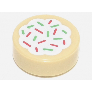 tan tile round 1 x 1 with cookie with white frosting and red and green sprinkles pattern