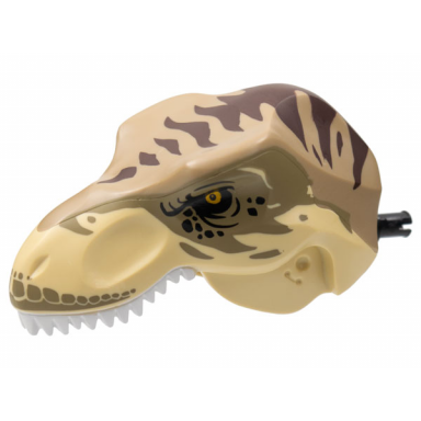 tan dinosaur head tyrannosaurus rex with pin white teeth dark tan top and dark brown stripes pattern