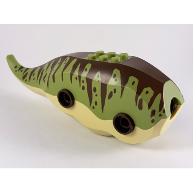 tan dinosaur body triceratops with olive green top with dark brown stripes and spots pattern