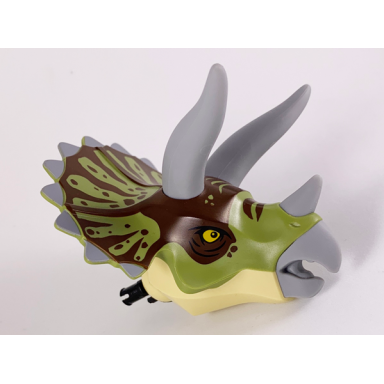 tan dinosaur head triceratops with pin light bluish gray horns and beak olive green top with dark brown pattern