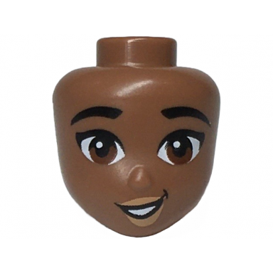 medium brown mini doll head friends with thick black eyebrows reddish brown eyes light nougat lips and open mouth smile pattern