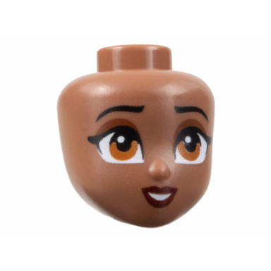 medium brown mini doll head friends with black eyebrows reddish brown eye shadow dark orange eyes dark red lips open mouth smile pattern