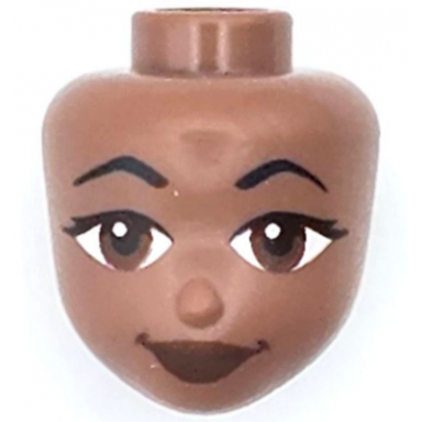 medium brown mini doll head friends with black angled eyebrows and eyelashes reddish brown eyes and lips grin pattern