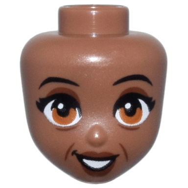 medium brown mini doll head friends with black thin eyebrows nougat eyes reddish brown wrinkles cheek lines lips and open mouth smile pattern