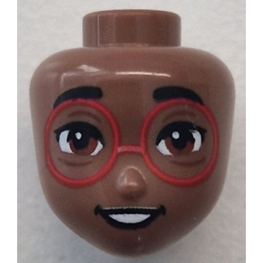 medium brown mini doll head friends with black eyebrows reddish brown eyes glasses with red frames open mouth smile with teeth pattern