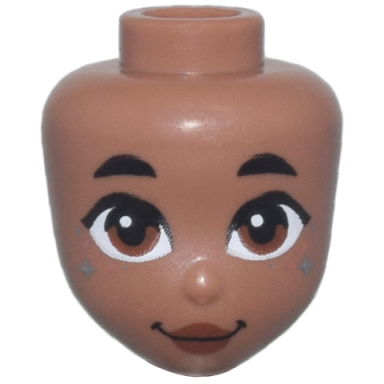 medium brown mini doll head friends with black eyebrows reddish brown eyes and lips metallic light blue and metallic pink dots and sparkles grin pattern