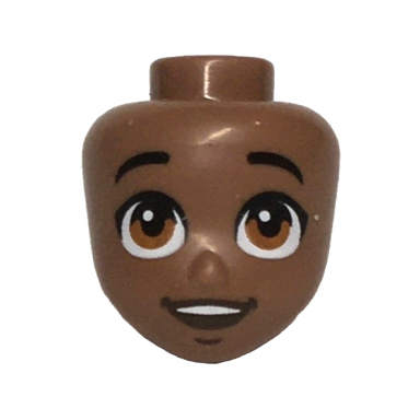 medium brown mini doll head friends with black eyebrows large dark orange eyes dark brown chin dimple open mouth smile with top teeth pattern