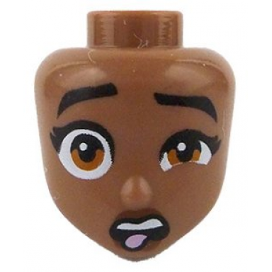 mini doll head friends with black thick eyebrows raised eyelashes dark orange eyes reddish brown lips disgusted open mouth with top teeth and bright pink tongue sticking out pattern