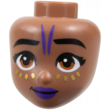 medium brown mini doll head friends with black eyebrows dark orange eyes dark purple lips and tattoo lines 8 gold cheek spots pattern
