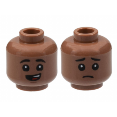 medium brown minifigure head dual sided child black eyebrows lopsided open mouth smile with top teeth and red tongue sad pattern