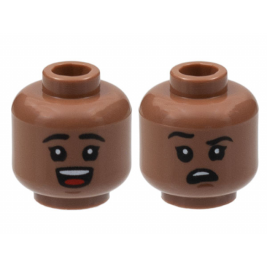 medium brown minifigure head dual sided child black eyebrows open mouth smile with top teeth and red tongue right eyebrow raised confused pattern