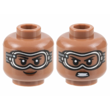 medium brown minifigure head dual sided female black eyebrows silver goggles reddish brown lips grin gritted teeth pattern