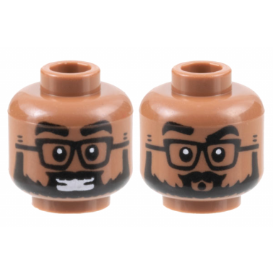 medium brown minifigure head dual sided black eyebrows glasses and full beard smile with teeth pucker pattern