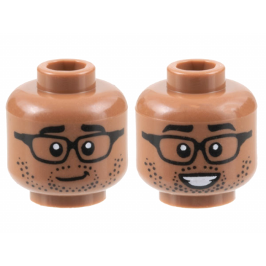 medium brown minifigure head dual sided black eyebrows glasses stubble lopsided grin smile with teeth pattern
