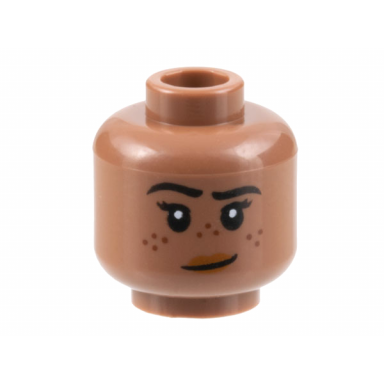 medium brown minifigure head female black eyebrows reddish brown freckles dark orange lips lopsided smile pattern
