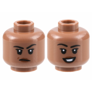 medium brown minifigure head dual sided female black eyebrows reddish brown lips frown with raised eyebrow left open mouth smile pattern