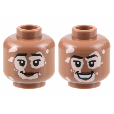 medium brown minifigure head dual sided female black eyebrows light nougat vitiligo reddish brown lips grin open mouth smile pattern