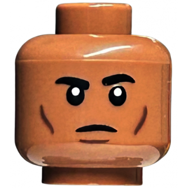 medium brown minifigure head stern black eyebrows dark brown cheek lines and chin dimple pattern
