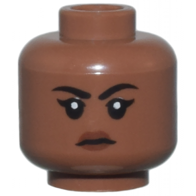 medium brown minifigure head female black eyebrows and eyelashes reddish brown lips stern pattern