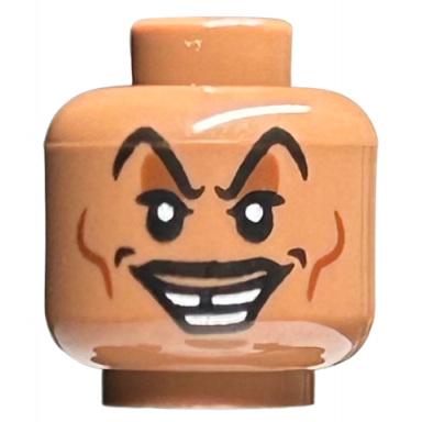 medium brown minifigure head black raised eyebrows and moustache reddish brown eye shadow and cheek lines crooked open mouth smile pattern