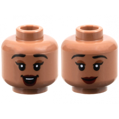 medium brown minifigure head dual sided female black eyebrows reddish brown eye shadow dark red lips open mouth smile closed mouth smile pattern