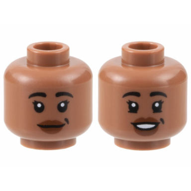 medium brown minifigure head dual sided female black eyebrows reddish brown lips grin open mouth smile with white teeth pattern
