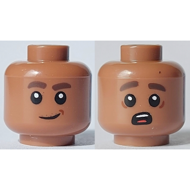 medium brown minifigure head dual sided dark brown eyebrows reddish brown dimple lopsided smile surprised open mouth white teeth and red tongue pattern