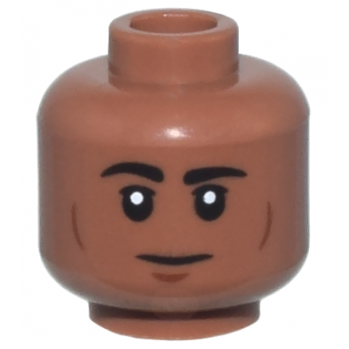 medium brown minifigure head black rounded eyebrows upper eyelids reddish brown cheek lines and chin dimple neutral pattern