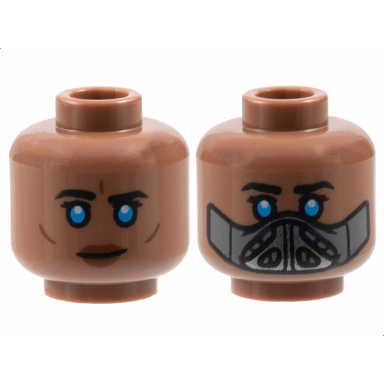 medium brown minifigure head dual sided female black eyebrows and eyelashes dark azure eyes neutral with reddish brown lips and cheek lines dark bluish gray and dark silver mask pattern