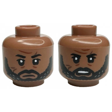 medium brown minifigure head dual sided black eyebrows upper eyelids moustache and beard reddish brown wrinkles dark brown scars furrowed brow frown angry open mouth with top teeth pattern