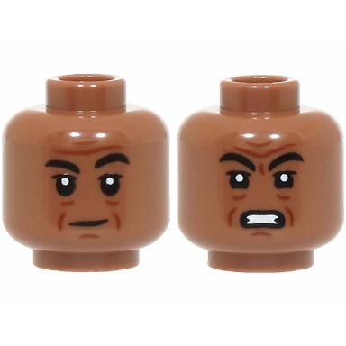 medium brown minifigure head dual sided black eyebrows reddish brown wrinkles and chin dimple furrowed brow neutral open mouth scowl pattern