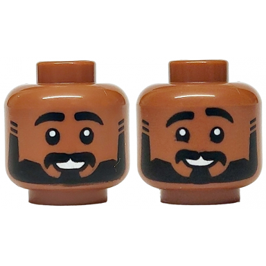 medium brown minifigure head dual sided black eyebrows beard and moustache open mouth smile with teeth pattern raised left eyebrow pattern