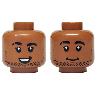 medium brown minifigure head dual sided black eyebrows and stubble scar on right eyebrow closed mouth smile open mouth grin with teeth pattern