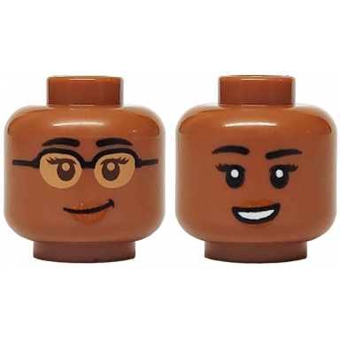 medium brown minifigure head dual sided female black eyebrows dark brown eyes and eyelashes nougat glasses dark orange lips lopsided grin black eyelashes open mouth smile with teeth no glasses pattern