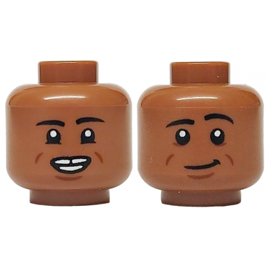 medium brown minifigure head dual sided black eyebrows and lower eyelids reddish brown cheek lines and chin dimple gap in teeth smirk raised left eyebrow pattern