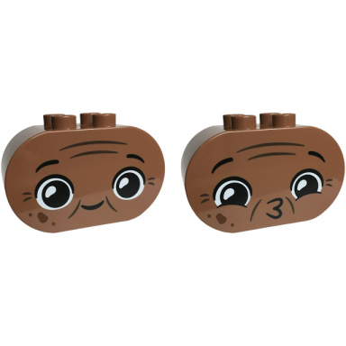 medium brown duplo brick 2 x 4 x 2 rounded ends with faces with black eyebrows dark brown wrinkles reddish brown spots grin puckered lips pattern