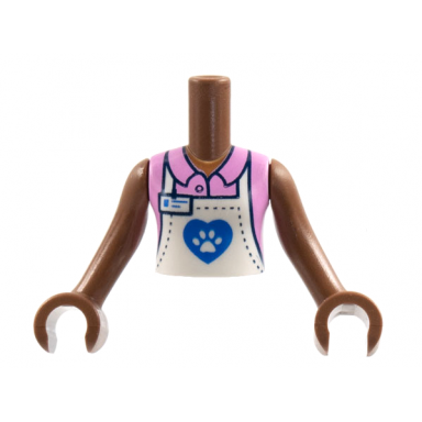 medium brown torso mini doll girl bright pink collar shirt white apron with dark blue heart and pawprint pattern medium brown arms with hands