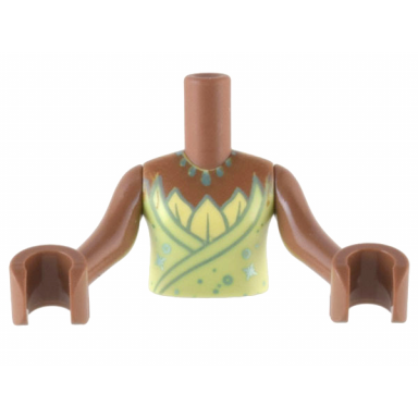 medium brown torso mini doll girl yellowish green top with bright light yellow leaves and metallic light blue pointed necklace pattern medium brown arms with hands