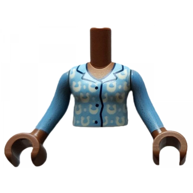 medium brown torso mini doll girl bright light blue pajamas top with white horseshoes and dots pattern medium brown arms with hands with medium blue long sleeves