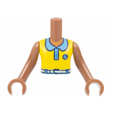 medium brown torso mini doll girl yellow sleeveless top medium blue collar and badge white belt pattern medium brown arms with hands