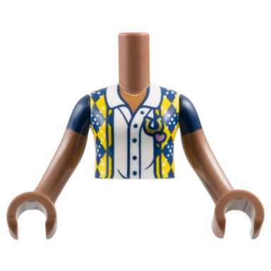 medium brown torso mini doll girl dark blue vest with yellow and white diamonds over blouse pattern medium brown arms with hands with dark blue short sleeves