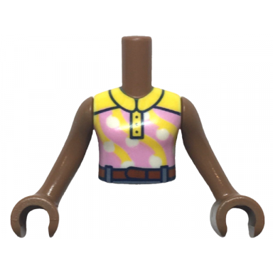 medium brown torso mini doll girl bright pink sleeveless top with white polka dots yellow collar and stripes reddish brown belt pattern medium brown arms with hands