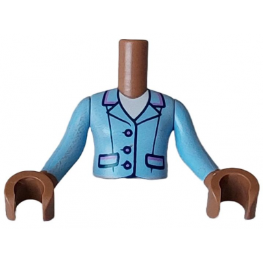 medium brown torso mini doll girl bright light blue jacket with medium lavender buttons pockets and collar edges over white shirt pattern medium brown arms with hands with bright light blue long sleeves